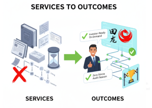 Illustration showing a shift from traditional service-based accounting and corporate secretarial tasks (documents, hourglass, "X") to modern outcome-driven solutions (satisfied client, digital dashboard with Tianlong logo, growth chart, trophy, "Investor-Ready On Demand," "Zero Stress Audit Season").