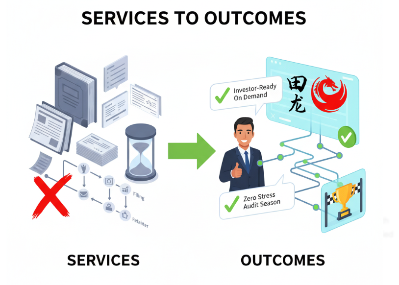 Illustration showing a shift from traditional service-based accounting and corporate secretarial tasks (documents, hourglass, "X") to modern outcome-driven solutions (satisfied client, digital dashboard with Tianlong logo, growth chart, trophy, "Investor-Ready On Demand," "Zero Stress Audit Season").