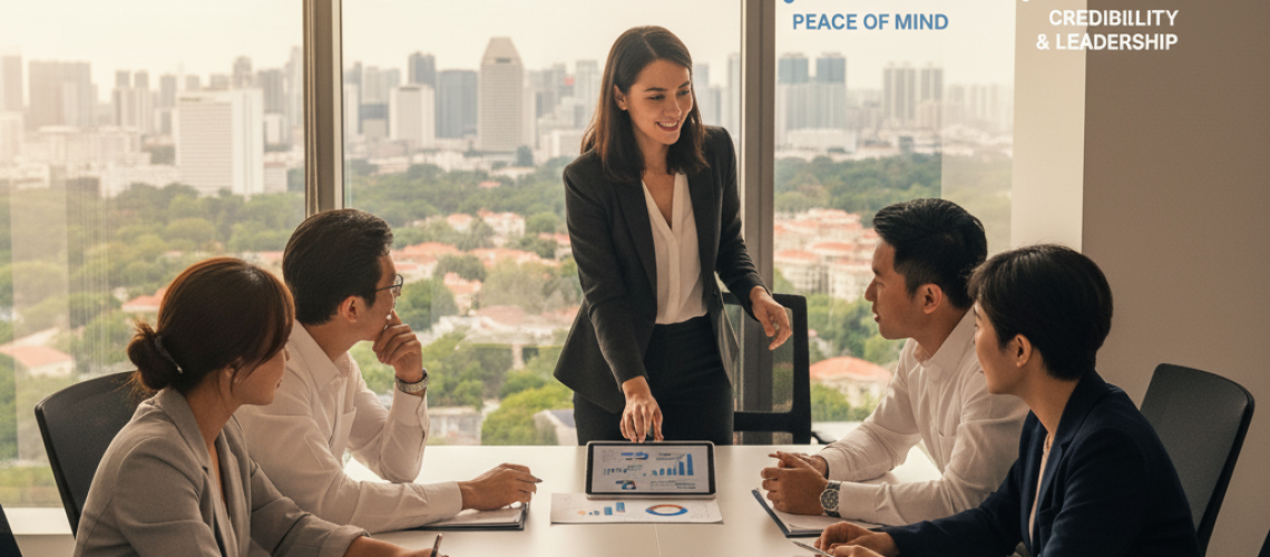 A team of professionals in a modern office, discussing corporate services, with icons representing "Peace of Mind" and "Credibility & Leadership."