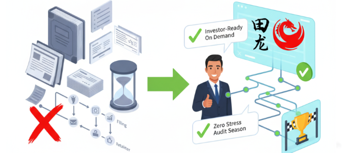 Illustration showing a shift from traditional service-based accounting and corporate secretarial tasks (documents, hourglass, "X") to modern outcome-driven solutions (satisfied client, digital dashboard with Tianlong logo, growth chart, trophy, "Investor-Ready On Demand," "Zero Stress Audit Season").